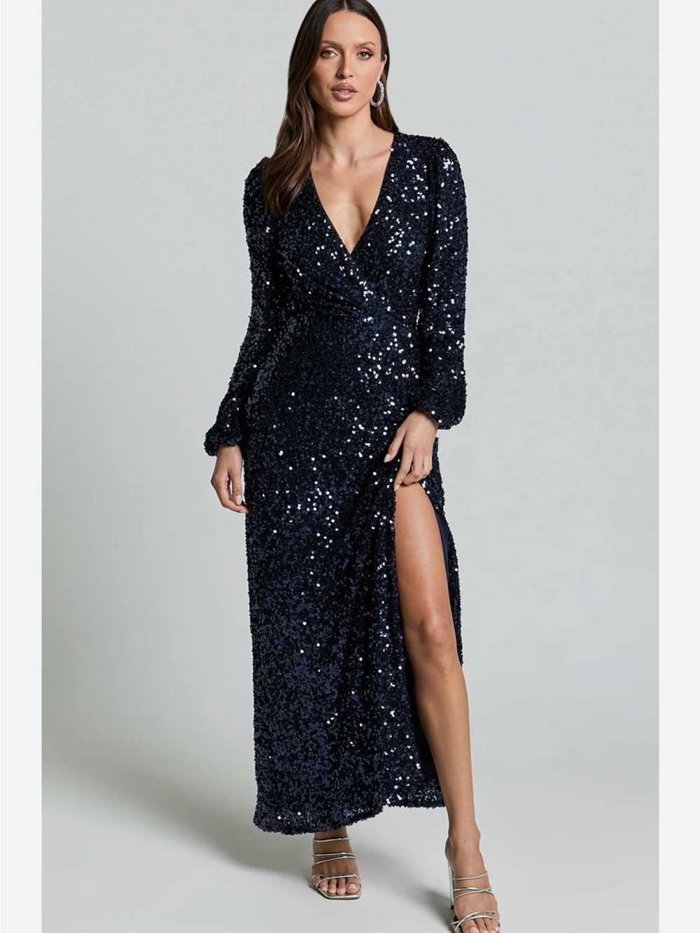 Showpo Navy Sequin Wrap Maxi Gown with Side Slit